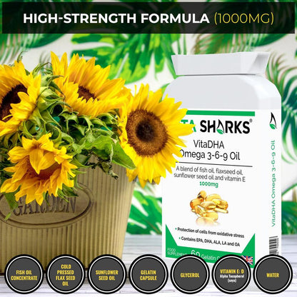 VitaDHA Omega 3-6-9 Oil | 1000mg Potent EPA, Rich in DHA & Vitamin E - Discover VitaDHA Omega 3-6-9 Fish Oil Concentrate, a supplement rich in EPA & DHA. Experience the benefits of this natural fish oil formula, containing essential fatty acids and vitamin E. Buy Now at Sacred Remedy