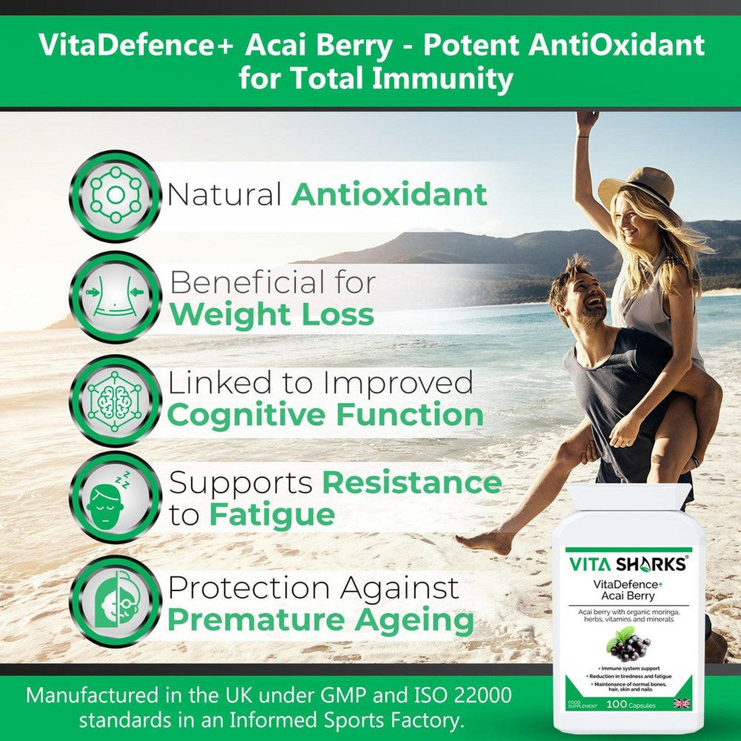 Buy VitaDefence+ Brazilian Acai Berry | Potent Antioxidant & Immune Support Supplement - Rich in Vitamins, Minerals, Phyto-Nutrients & Polyphenols; all-round support for energy, immunity, health and vitality. Protection against free radical damage, support for Bones, Skin, hair and nails. Beneficial for; Weight loss Inflammation, Blood sugar levels, Cholesterol levels & Protection against premature ageing. at Sacred Remedy Online