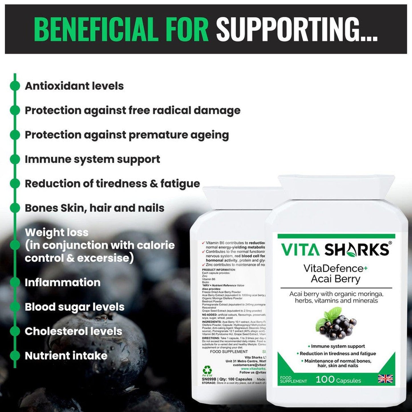 Buy VitaDefence+ Brazilian Acai Berry | Potent Antioxidant & Immune Support Supplement - Rich in Vitamins, Minerals, Phyto-Nutrients & Polyphenols; all-round support for energy, immunity, health and vitality. Protection against free radical damage, support for Bones, Skin, hair and nails. Beneficial for; Weight loss Inflammation, Blood sugar levels, Cholesterol levels & Protection against premature ageing. at Sacred Remedy Online