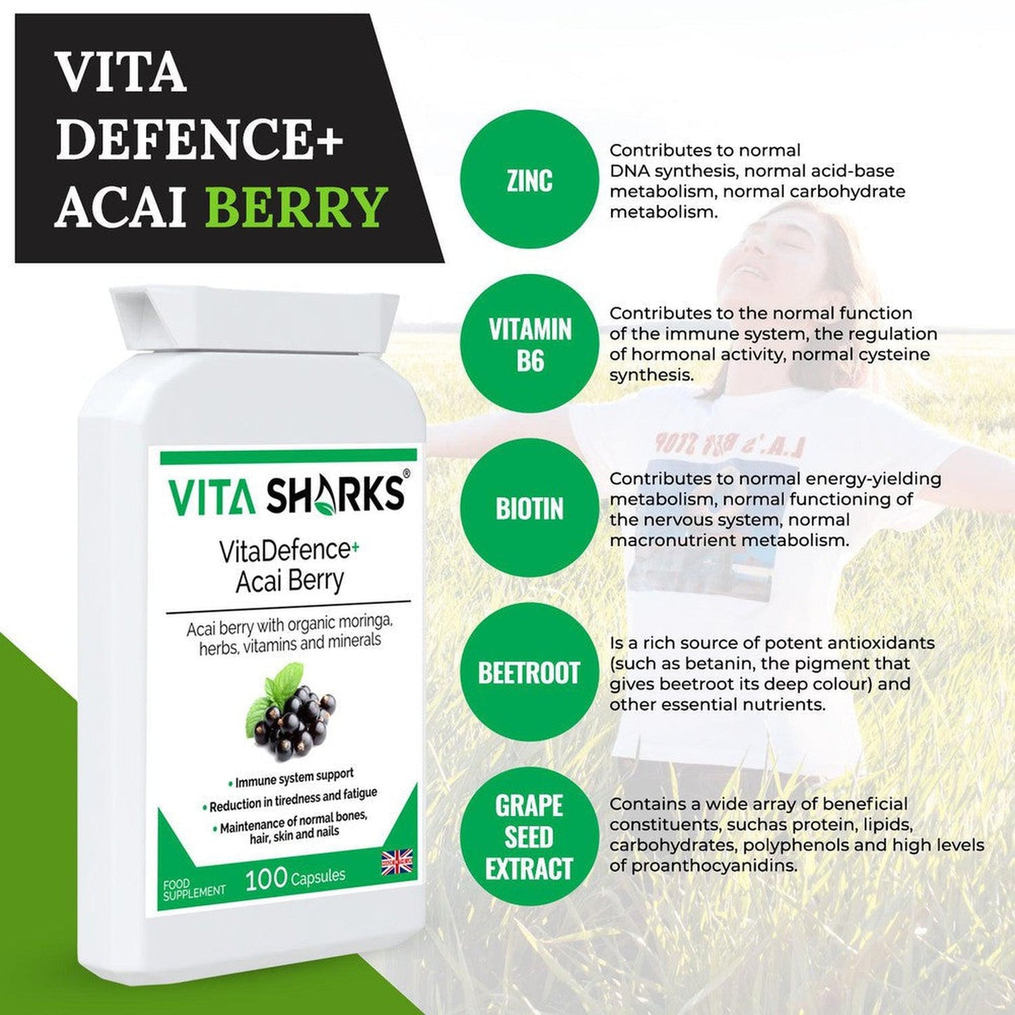 Buy VitaDefence+ Brazilian Acai Berry | Potent Antioxidant & Immune Support Supplement - Rich in Vitamins, Minerals, Phyto-Nutrients & Polyphenols; all-round support for energy, immunity, health and vitality. Protection against free radical damage, support for Bones, Skin, hair and nails. Beneficial for; Weight loss Inflammation, Blood sugar levels, Cholesterol levels & Protection against premature ageing. at Sacred Remedy Online