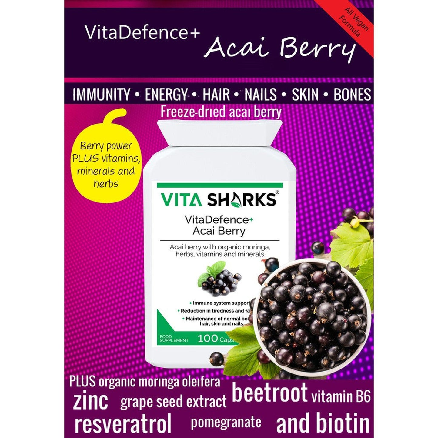 Buy VitaDefence+ Brazilian Acai Berry | Potent Antioxidant & Immune Support Supplement - Rich in Vitamins, Minerals, Phyto-Nutrients & Polyphenols; all-round support for energy, immunity, health and vitality. Protection against free radical damage, support for Bones, Skin, hair and nails. Beneficial for; Weight loss Inflammation, Blood sugar levels, Cholesterol levels & Protection against premature ageing. at Sacred Remedy Online