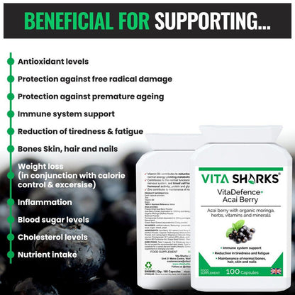 VitaDefence+ Brazilian Acai Berry | Potent Antioxidant & Immune Support Supplement - Rich in Vitamins, Minerals, Phyto-Nutrients & Polyphenols; all-round support for energy, immunity, health and vitality. Protection against free radical damage, support for Bones, Skin, hair and nails. Beneficial for; Weight loss Inflammation, Blood sugar levels, Cholesterol levels & Protection against premature ageing. Buy Now at Sacred Remedy
