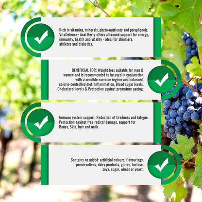 VitaDefence+ Brazilian Acai Berry | Potent Antioxidant & Immune Support Supplement - Rich in Vitamins, Minerals, Phyto-Nutrients & Polyphenols; all-round support for energy, immunity, health and vitality. Protection against free radical damage, support for Bones, Skin, hair and nails. Beneficial for; Weight loss Inflammation, Blood sugar levels, Cholesterol levels & Protection against premature ageing. Buy Now at Sacred Remedy