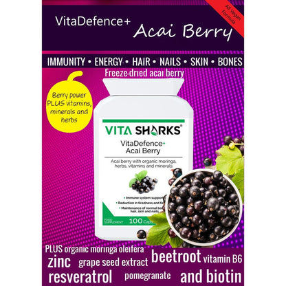 VitaDefence+ Brazilian Acai Berry | Potent Antioxidant & Immune Support Supplement - Rich in Vitamins, Minerals, Phyto-Nutrients & Polyphenols; all-round support for energy, immunity, health and vitality. Protection against free radical damage, support for Bones, Skin, hair and nails. Beneficial for; Weight loss Inflammation, Blood sugar levels, Cholesterol levels & Protection against premature ageing. Buy Now at Sacred Remedy