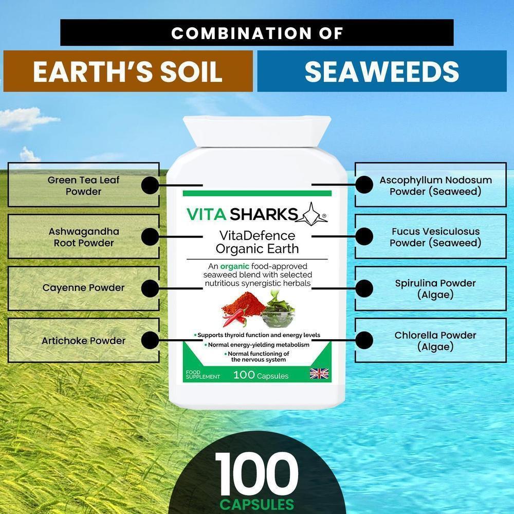 Buy VitaDefence Organic Earth | Organic, Iodine Rich, Alkalising & Detox Supplement - A powerful all-in-one alkalising, cleansing, detoxification and daily nourishment formula, which combines the best of nutrient-dense foods from both the sea and Earth’s soil. This food supplement is iodine-rich and high in a broad spectrum of protective nutrients, including antioxidants, phyto-chemicals, polyphenols, enzymes, amino acids, vitamins and minerals. at Sacred Remedy Online