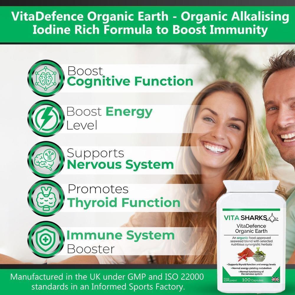 Buy VitaDefence Organic Earth | Organic, Iodine Rich, Alkalising & Detox Supplement - A powerful all-in-one alkalising, cleansing, detoxification and daily nourishment formula, which combines the best of nutrient-dense foods from both the sea and Earth’s soil. This food supplement is iodine-rich and high in a broad spectrum of protective nutrients, including antioxidants, phyto-chemicals, polyphenols, enzymes, amino acids, vitamins and minerals. at Sacred Remedy Online