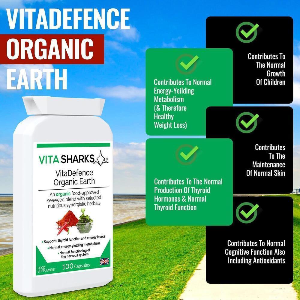 Buy VitaDefence Organic Earth | Organic, Iodine Rich, Alkalising & Detox Supplement - A powerful all-in-one alkalising, cleansing, detoxification and daily nourishment formula, which combines the best of nutrient-dense foods from both the sea and Earth’s soil. This food supplement is iodine-rich and high in a broad spectrum of protective nutrients, including antioxidants, phyto-chemicals, polyphenols, enzymes, amino acids, vitamins and minerals. at Sacred Remedy Online