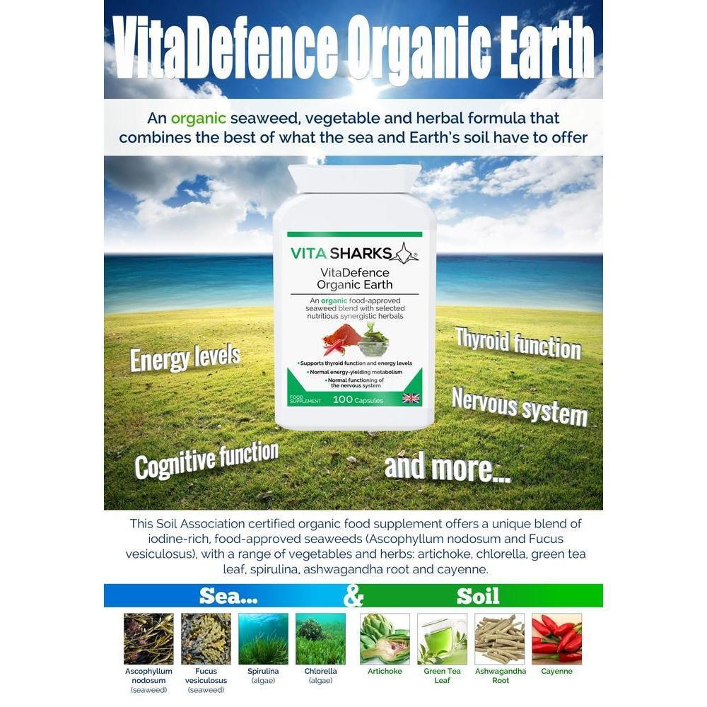 Buy VitaDefence Organic Earth | Organic, Iodine Rich, Alkalising & Detox Supplement - A powerful all-in-one alkalising, cleansing, detoxification and daily nourishment formula, which combines the best of nutrient-dense foods from both the sea and Earth’s soil. This food supplement is iodine-rich and high in a broad spectrum of protective nutrients, including antioxidants, phyto-chemicals, polyphenols, enzymes, amino acids, vitamins and minerals. at Sacred Remedy Online