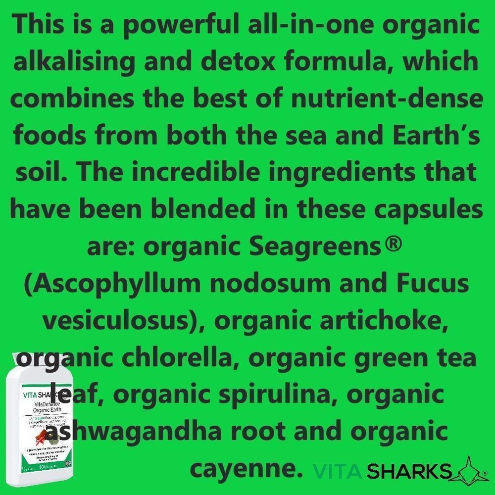 Buy VitaDefence Organic Earth | Organic, Iodine Rich, Alkalising & Detox Supplement - A powerful all-in-one alkalising, cleansing, detoxification and daily nourishment formula, which combines the best of nutrient-dense foods from both the sea and Earth’s soil. This food supplement is iodine-rich and high in a broad spectrum of protective nutrients, including antioxidants, phyto-chemicals, polyphenols, enzymes, amino acids, vitamins and minerals. at Sacred Remedy Online