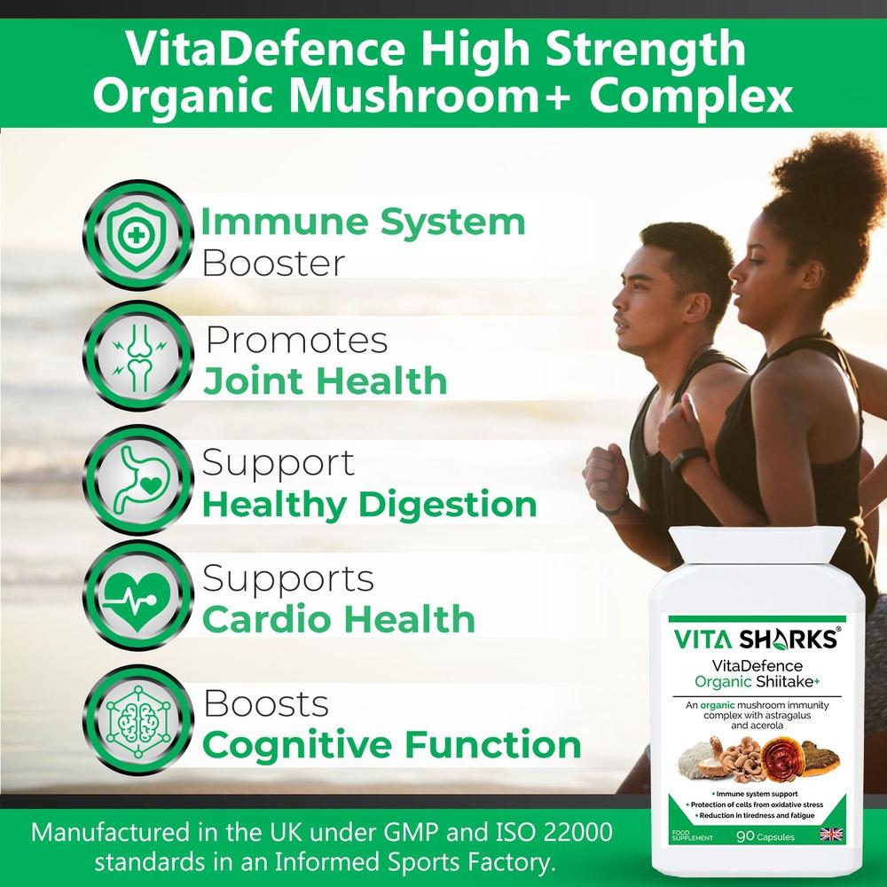 Buy VitaDefence Organic Shiitake+ Maitake, Reishi, Lion's Mane, Chaga Multi-Mushroom Capsules - An organic mushroom immunity blend with Maitake, Reishi, Shiitake, Lion's Mane, Chaga PLUS Astragalus root, Acerola fruit and black pepper - all in one convenient capsule, providing important nutrients (such as vitamin C and vegan vitamin D) and active ingredients that are not found in other plants. at Sacred Remedy Online