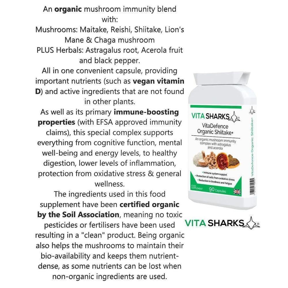 Buy VitaDefence Organic Shiitake+ Maitake, Reishi, Lion's Mane, Chaga Multi-Mushroom Capsules - An organic mushroom immunity blend with Maitake, Reishi, Shiitake, Lion's Mane, Chaga PLUS Astragalus root, Acerola fruit and black pepper - all in one convenient capsule, providing important nutrients (such as vitamin C and vegan vitamin D) and active ingredients that are not found in other plants. at Sacred Remedy Online