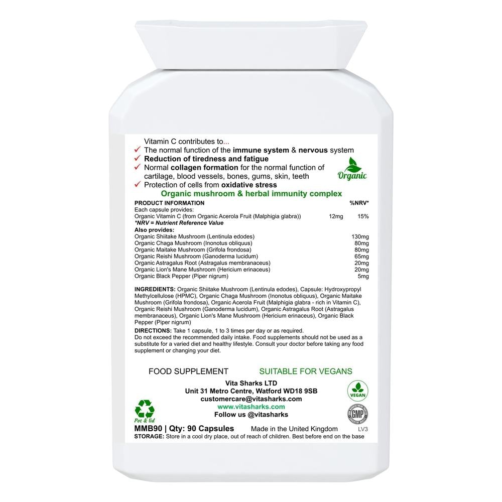 Buy VitaDefence Organic Shiitake+ Maitake, Reishi, Lion's Mane, Chaga Multi-Mushroom Capsules - An organic mushroom immunity blend with Maitake, Reishi, Shiitake, Lion's Mane, Chaga PLUS Astragalus root, Acerola fruit and black pepper - all in one convenient capsule, providing important nutrients (such as vitamin C and vegan vitamin D) and active ingredients that are not found in other plants. at Sacred Remedy Online