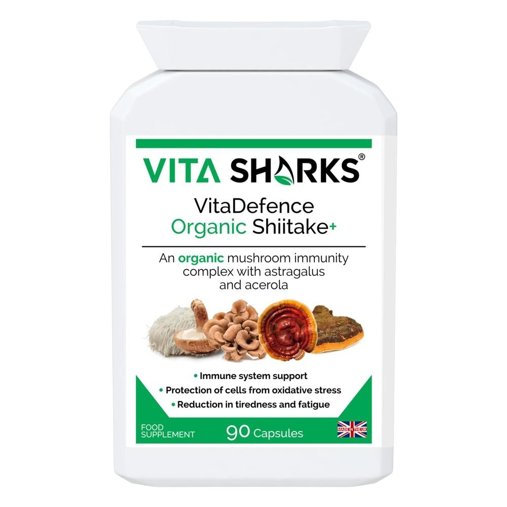 Buy VitaDefence Organic Shiitake+ Maitake, Reishi, Lion's Mane, Chaga Multi-Mushroom Capsules - An organic mushroom immunity blend with Maitake, Reishi, Shiitake, Lion's Mane, Chaga PLUS Astragalus root, Acerola fruit and black pepper - all in one convenient capsule, providing important nutrients (such as vitamin C and vegan vitamin D) and active ingredients that are not found in other plants. at Sacred Remedy Online