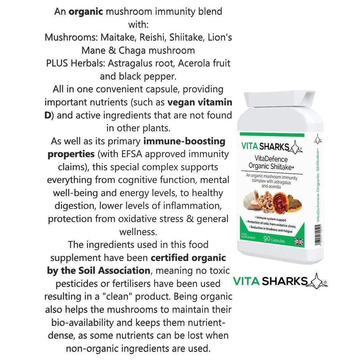 VitaDefence Organic Shiitake+ Maitake, Reishi, Lion's Mane, Chaga Multi-Mushroom Capsules - An organic mushroom immunity blend with Maitake, Reishi, Shiitake, Lion's Mane, Chaga PLUS Astragalus root, Acerola fruit and black pepper - all in one convenient capsule, providing important nutrients (such as vitamin C and vegan vitamin D) and active ingredients that are not found in other plants. Buy Now at Sacred Remedy