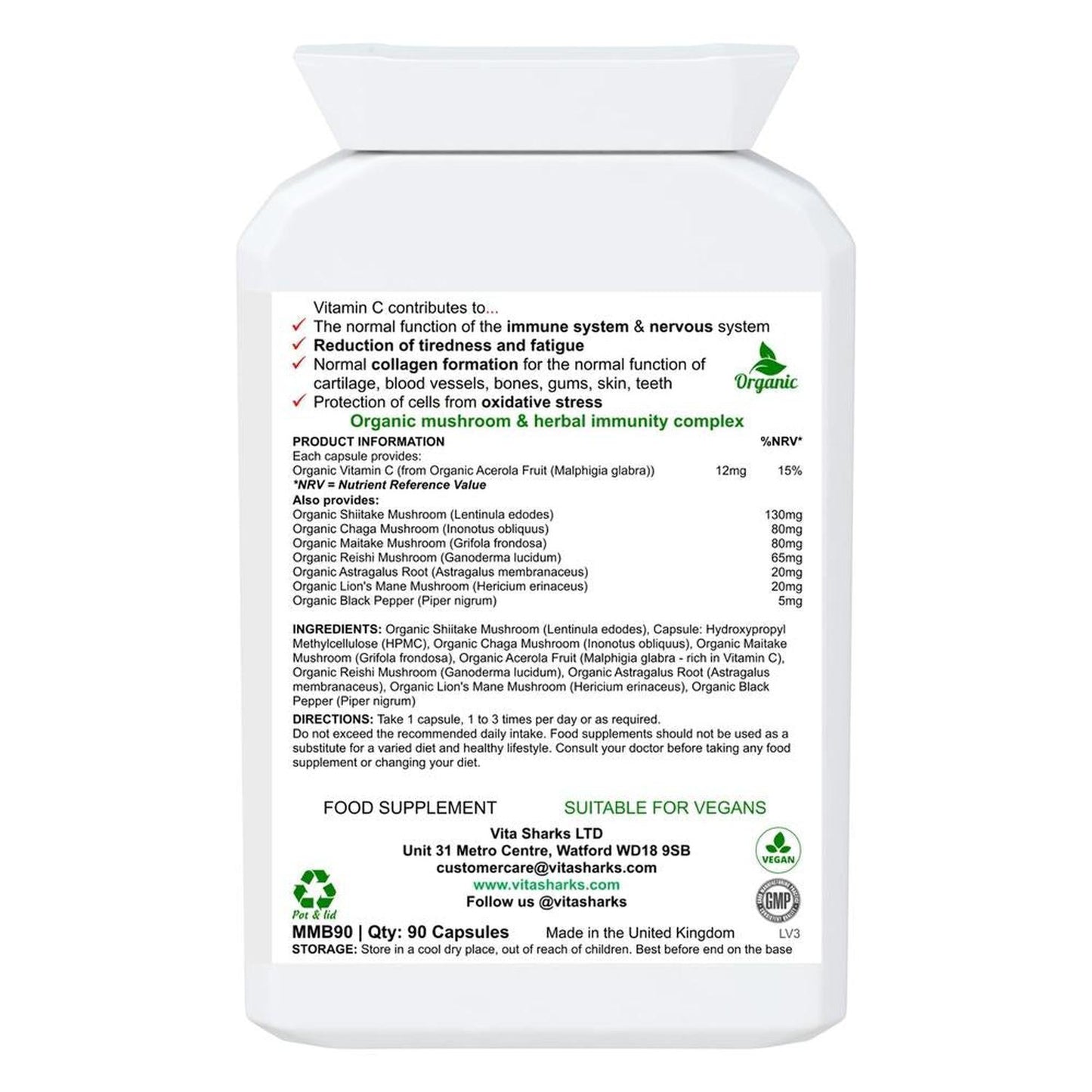 VitaDefence Organic Shiitake+ Maitake, Reishi, Lion's Mane, Chaga Multi-Mushroom Capsules - An organic mushroom immunity blend with Maitake, Reishi, Shiitake, Lion's Mane, Chaga PLUS Astragalus root, Acerola fruit and black pepper - all in one convenient capsule, providing important nutrients (such as vitamin C and vegan vitamin D) and active ingredients that are not found in other plants. Buy Now at Sacred Remedy