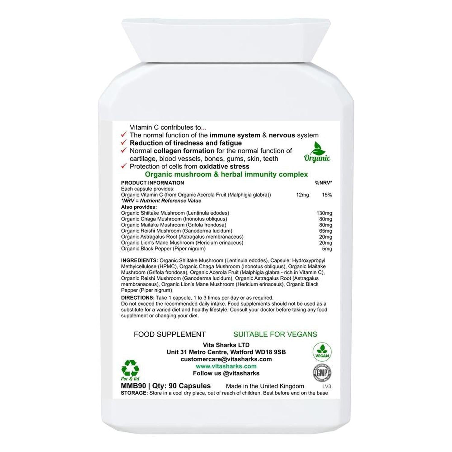 VitaDefence Organic Shiitake+ Maitake, Reishi, Lion's Mane, Chaga Multi-Mushroom Capsules - An organic mushroom immunity blend with Maitake, Reishi, Shiitake, Lion's Mane, Chaga PLUS Astragalus root, Acerola fruit and black pepper - all in one convenient capsule, providing important nutrients (such as vitamin C and vegan vitamin D) and active ingredients that are not found in other plants. Buy Now at Sacred Remedy