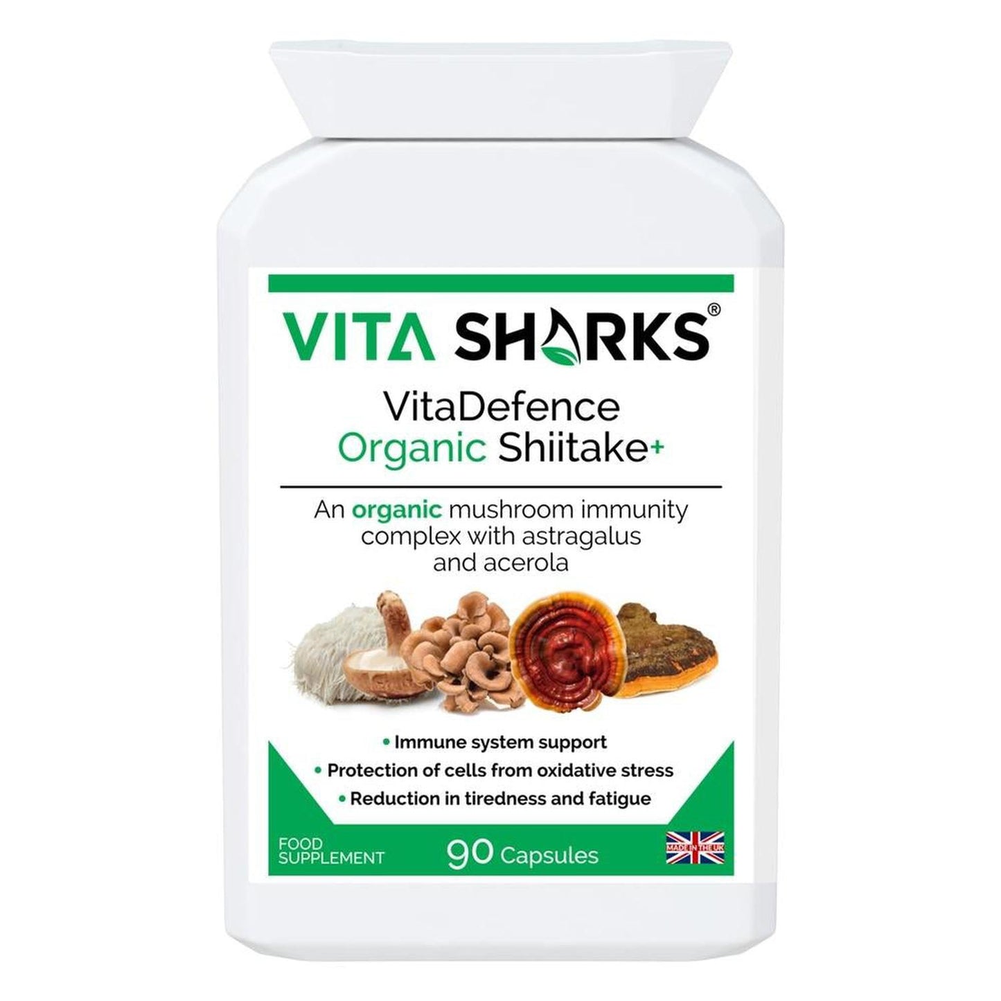 VitaDefence Organic Shiitake+ Maitake, Reishi, Lion's Mane, Chaga Multi-Mushroom Capsules - An organic mushroom immunity blend with Maitake, Reishi, Shiitake, Lion's Mane, Chaga PLUS Astragalus root, Acerola fruit and black pepper - all in one convenient capsule, providing important nutrients (such as vitamin C and vegan vitamin D) and active ingredients that are not found in other plants. Buy Now at Sacred Remedy