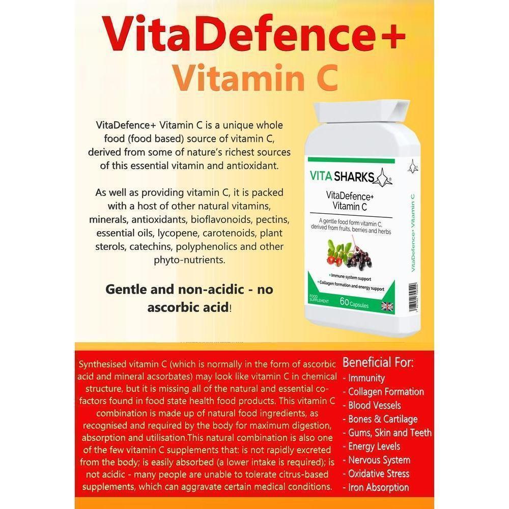 Buy VitaDefence+ Vitamin C | Non Acidic, Food Form Vitamin C Health Supplement - Packed with antioxidants, vitamins, minerals, bioflavonoids, pectins, essential oils, lycopene, carotenoids, plant sterols, catechins, polyphenolics and many other phyto-nutrients, this vitamin C health supplement is gentle and non-acidic. Ideal for long-term usage. at Sacred Remedy Online