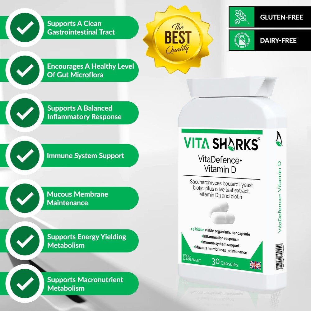 Buy VitaDefence+ Vitamin D | A Vegan High-Strength Saccharomyces Boulardii Probiotic Yeast - A high-strength Saccharomyces boulardii probiotic yeast plus added olive leaf extract, vitamin D3 and biotin supplement. Vitamin D contributes to inflammation response, biotin supports healthy mucous membranes & Saccharomyces Boulardii prevents pathogenic bacteria (such as E.Coli) from adhering to the intestinal walls. at Sacred Remedy Online