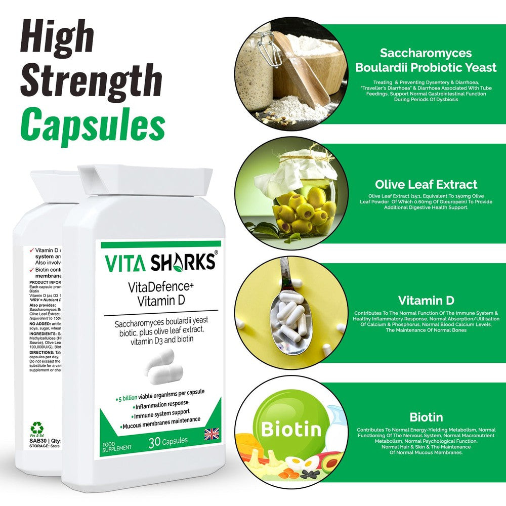 Buy VitaDefence+ Vitamin D | A Vegan High-Strength Saccharomyces Boulardii Probiotic Yeast - A high-strength Saccharomyces boulardii probiotic yeast plus added olive leaf extract, vitamin D3 and biotin supplement. Vitamin D contributes to inflammation response, biotin supports healthy mucous membranes & Saccharomyces Boulardii prevents pathogenic bacteria (such as E.Coli) from adhering to the intestinal walls. at Sacred Remedy Online