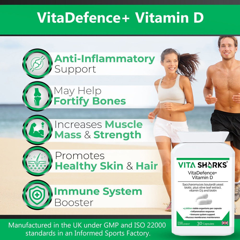 Buy VitaDefence+ Vitamin D | A Vegan High-Strength Saccharomyces Boulardii Probiotic Yeast - A high-strength Saccharomyces boulardii probiotic yeast plus added olive leaf extract, vitamin D3 and biotin supplement. Vitamin D contributes to inflammation response, biotin supports healthy mucous membranes & Saccharomyces Boulardii prevents pathogenic bacteria (such as E.Coli) from adhering to the intestinal walls. at Sacred Remedy Online