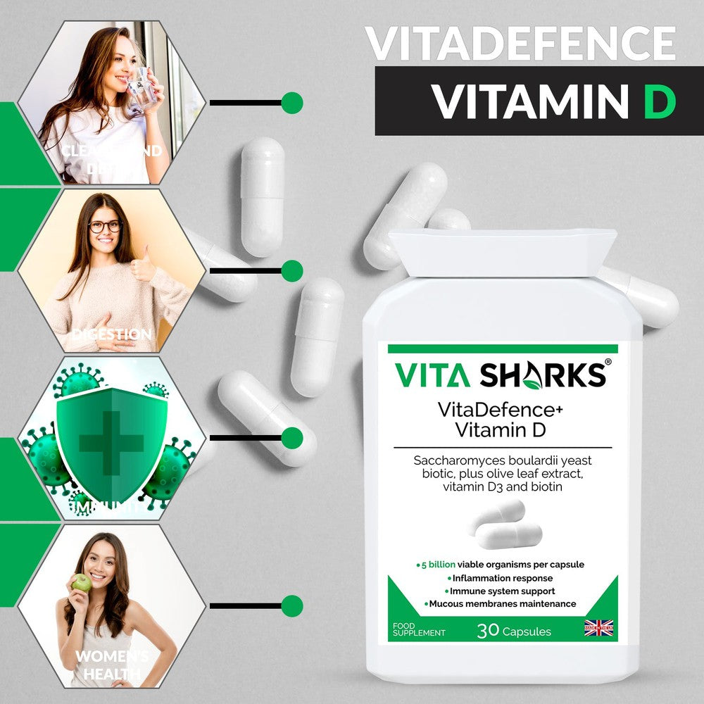 Buy VitaDefence+ Vitamin D | A Vegan High-Strength Saccharomyces Boulardii Probiotic Yeast - A high-strength Saccharomyces boulardii probiotic yeast plus added olive leaf extract, vitamin D3 and biotin supplement. Vitamin D contributes to inflammation response, biotin supports healthy mucous membranes & Saccharomyces Boulardii prevents pathogenic bacteria (such as E.Coli) from adhering to the intestinal walls. at Sacred Remedy Online