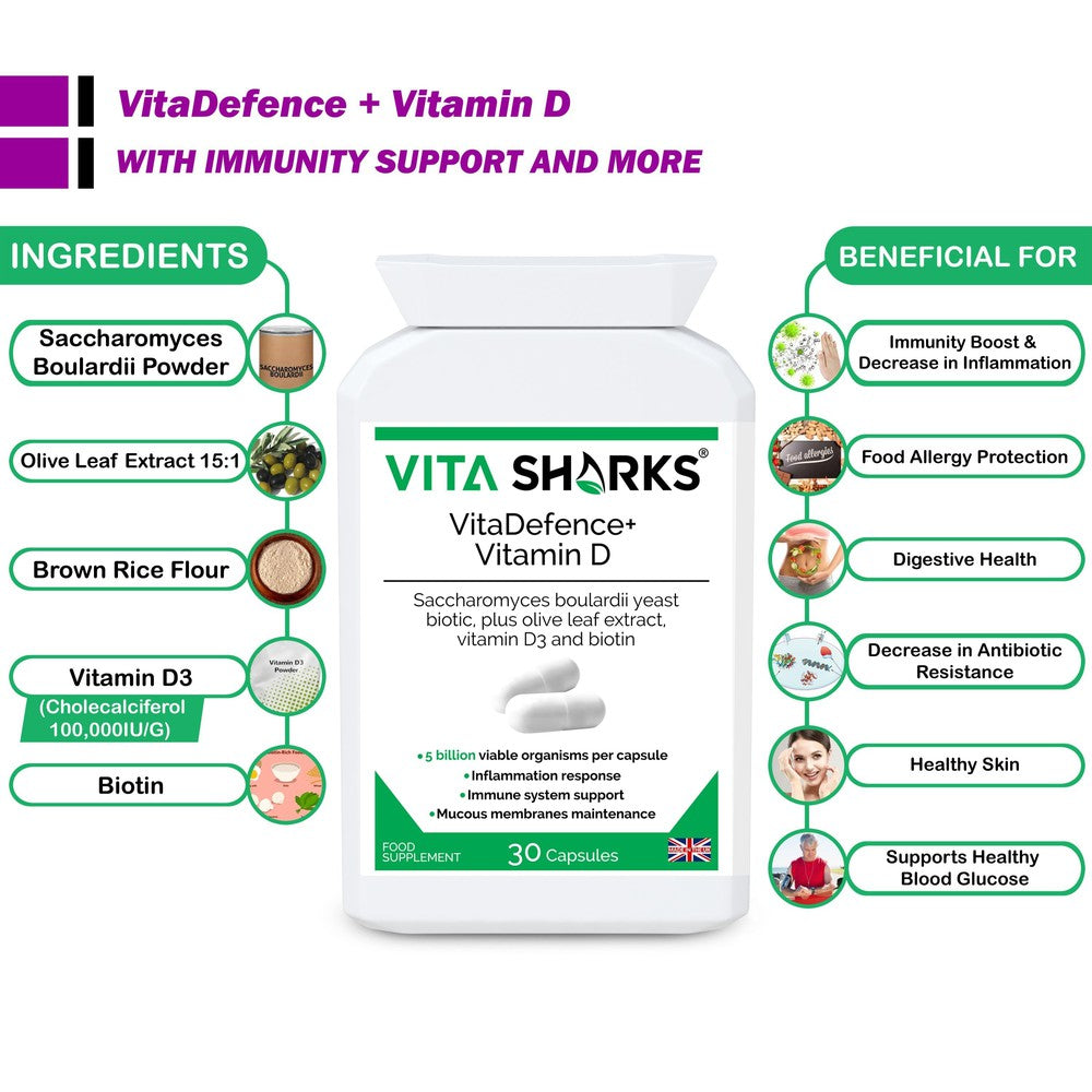 Buy VitaDefence+ Vitamin D | A Vegan High-Strength Saccharomyces Boulardii Probiotic Yeast - A high-strength Saccharomyces boulardii probiotic yeast plus added olive leaf extract, vitamin D3 and biotin supplement. Vitamin D contributes to inflammation response, biotin supports healthy mucous membranes & Saccharomyces Boulardii prevents pathogenic bacteria (such as E.Coli) from adhering to the intestinal walls. at Sacred Remedy Online