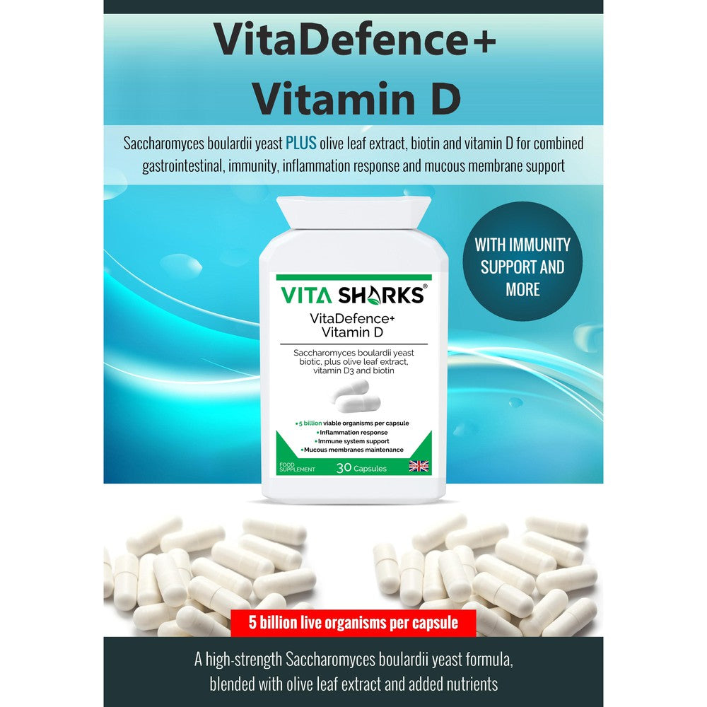 Buy VitaDefence+ Vitamin D | A Vegan High-Strength Saccharomyces Boulardii Probiotic Yeast - A high-strength Saccharomyces boulardii probiotic yeast plus added olive leaf extract, vitamin D3 and biotin supplement. Vitamin D contributes to inflammation response, biotin supports healthy mucous membranes & Saccharomyces Boulardii prevents pathogenic bacteria (such as E.Coli) from adhering to the intestinal walls. at Sacred Remedy Online