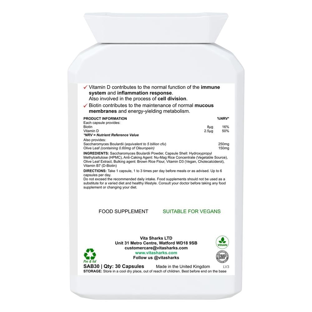 Buy VitaDefence+ Vitamin D | A Vegan High-Strength Saccharomyces Boulardii Probiotic Yeast - A high-strength Saccharomyces boulardii probiotic yeast plus added olive leaf extract, vitamin D3 and biotin supplement. Vitamin D contributes to inflammation response, biotin supports healthy mucous membranes & Saccharomyces Boulardii prevents pathogenic bacteria (such as E.Coli) from adhering to the intestinal walls. at Sacred Remedy Online