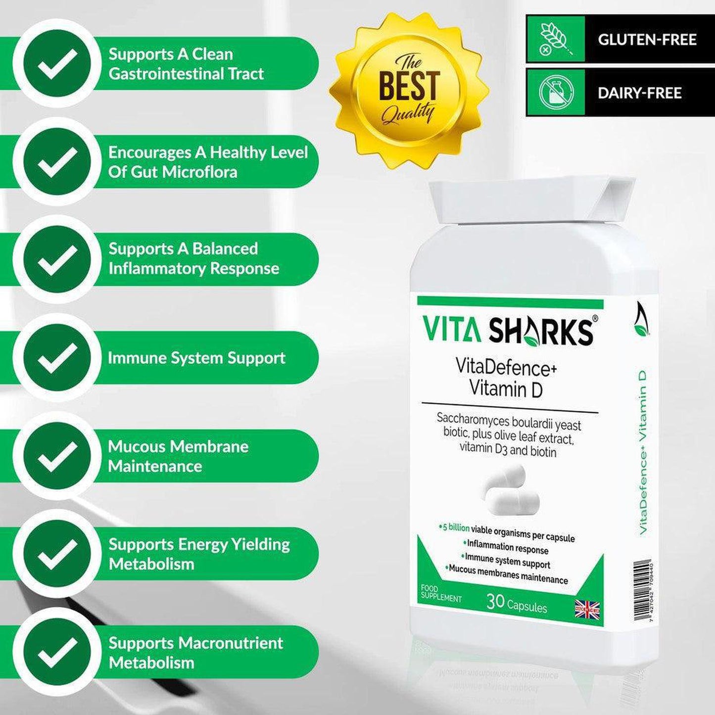 VitaDefence+ Vitamin D | A Vegan High-Strength Saccharomyces Boulardii Probiotic Yeast - A high-strength Saccharomyces boulardii probiotic yeast plus added olive leaf extract, vitamin D3 and biotin supplement. Vitamin D contributes to inflammation response, biotin supports healthy mucous membranes & Saccharomyces Boulardii prevents pathogenic bacteria (such as E.Coli) from adhering to the intestinal walls. Buy Now at Sacred Remedy