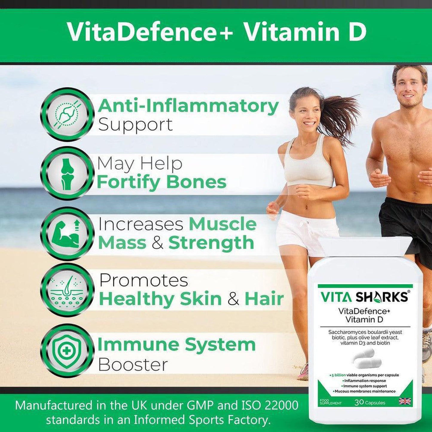 VitaDefence+ Vitamin D | A Vegan High-Strength Saccharomyces Boulardii Probiotic Yeast - A high-strength Saccharomyces boulardii probiotic yeast plus added olive leaf extract, vitamin D3 and biotin supplement. Vitamin D contributes to inflammation response, biotin supports healthy mucous membranes & Saccharomyces Boulardii prevents pathogenic bacteria (such as E.Coli) from adhering to the intestinal walls. Buy Now at Sacred Remedy