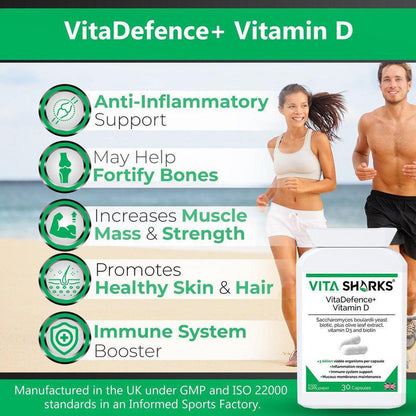 VitaDefence+ Vitamin D | A Vegan High-Strength Saccharomyces Boulardii Probiotic Yeast - A high-strength Saccharomyces boulardii probiotic yeast plus added olive leaf extract, vitamin D3 and biotin supplement. Vitamin D contributes to inflammation response, biotin supports healthy mucous membranes & Saccharomyces Boulardii prevents pathogenic bacteria (such as E.Coli) from adhering to the intestinal walls. Buy Now at Sacred Remedy