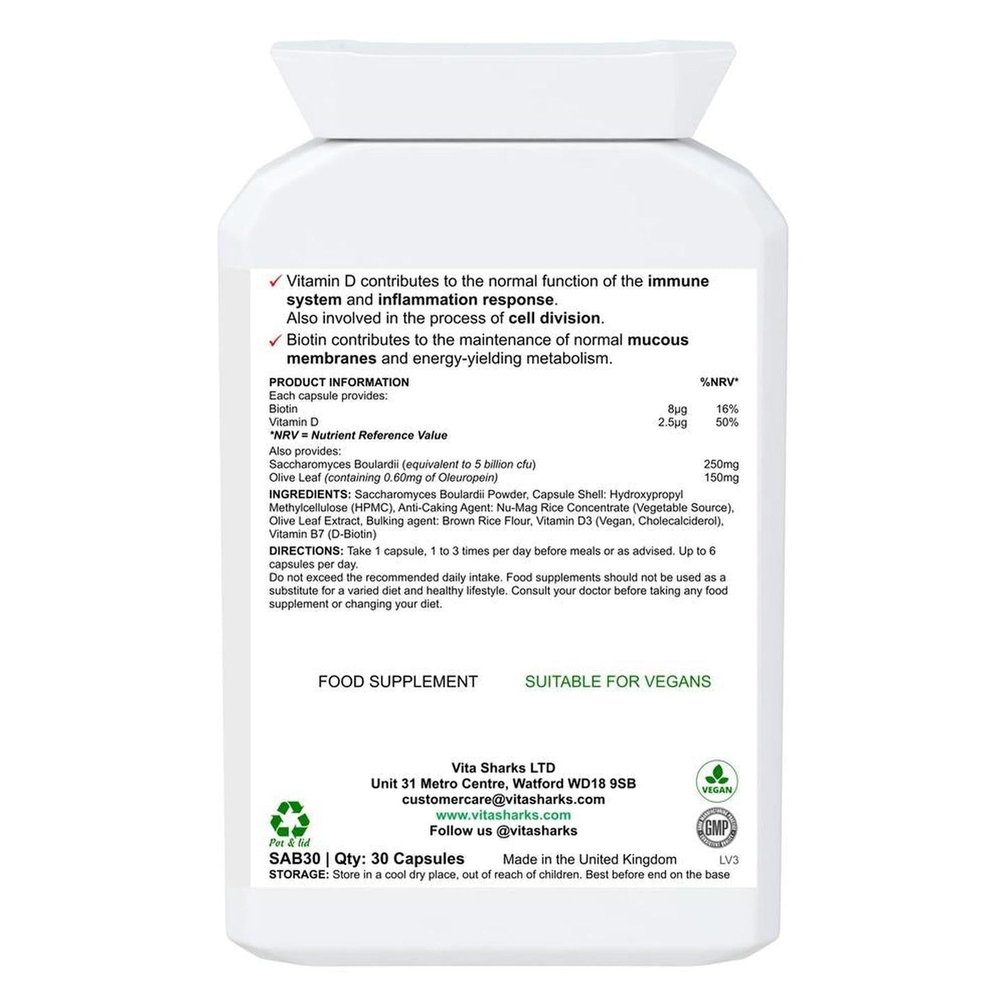 VitaDefence+ Vitamin D | A Vegan High-Strength Saccharomyces Boulardii Probiotic Yeast - A high-strength Saccharomyces boulardii probiotic yeast plus added olive leaf extract, vitamin D3 and biotin supplement. Vitamin D contributes to inflammation response, biotin supports healthy mucous membranes & Saccharomyces Boulardii prevents pathogenic bacteria (such as E.Coli) from adhering to the intestinal walls. Buy Now at Sacred Remedy