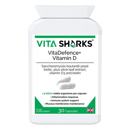 VitaDefence+ Vitamin D | A Vegan High-Strength Saccharomyces Boulardii Probiotic Yeast - A high-strength Saccharomyces boulardii probiotic yeast plus added olive leaf extract, vitamin D3 and biotin supplement. Vitamin D contributes to inflammation response, biotin supports healthy mucous membranes & Saccharomyces Boulardii prevents pathogenic bacteria (such as E.Coli) from adhering to the intestinal walls. Buy Now at Sacred Remedy