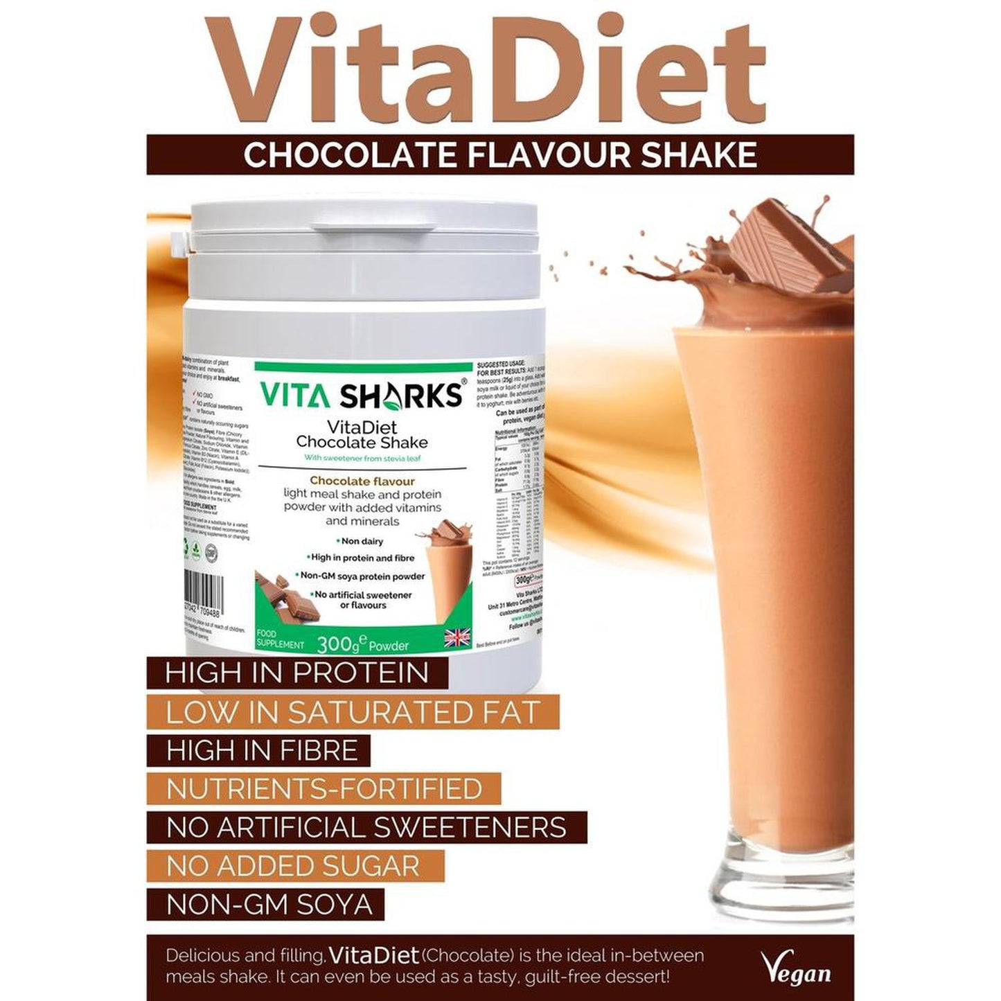 VitaDiet Chocolate Shake | Dairy-Free, Vegan, Non-GMO Soy Isolate Meal Replacement Shake - A dairy-free, gluten-free & vegan meal shake & non-GM soya isolate protein powder that has been fortified with vitamins and minerals. High in protein, low in saturated fat & with no artificial sweeteners, this chocolate flavoured daily shake is also high in dietary fibre. A tasty, guilt-free dessert - just 93 calories per serving! Also available in Vanilla Flavour. Buy Now at Sacred Remedy