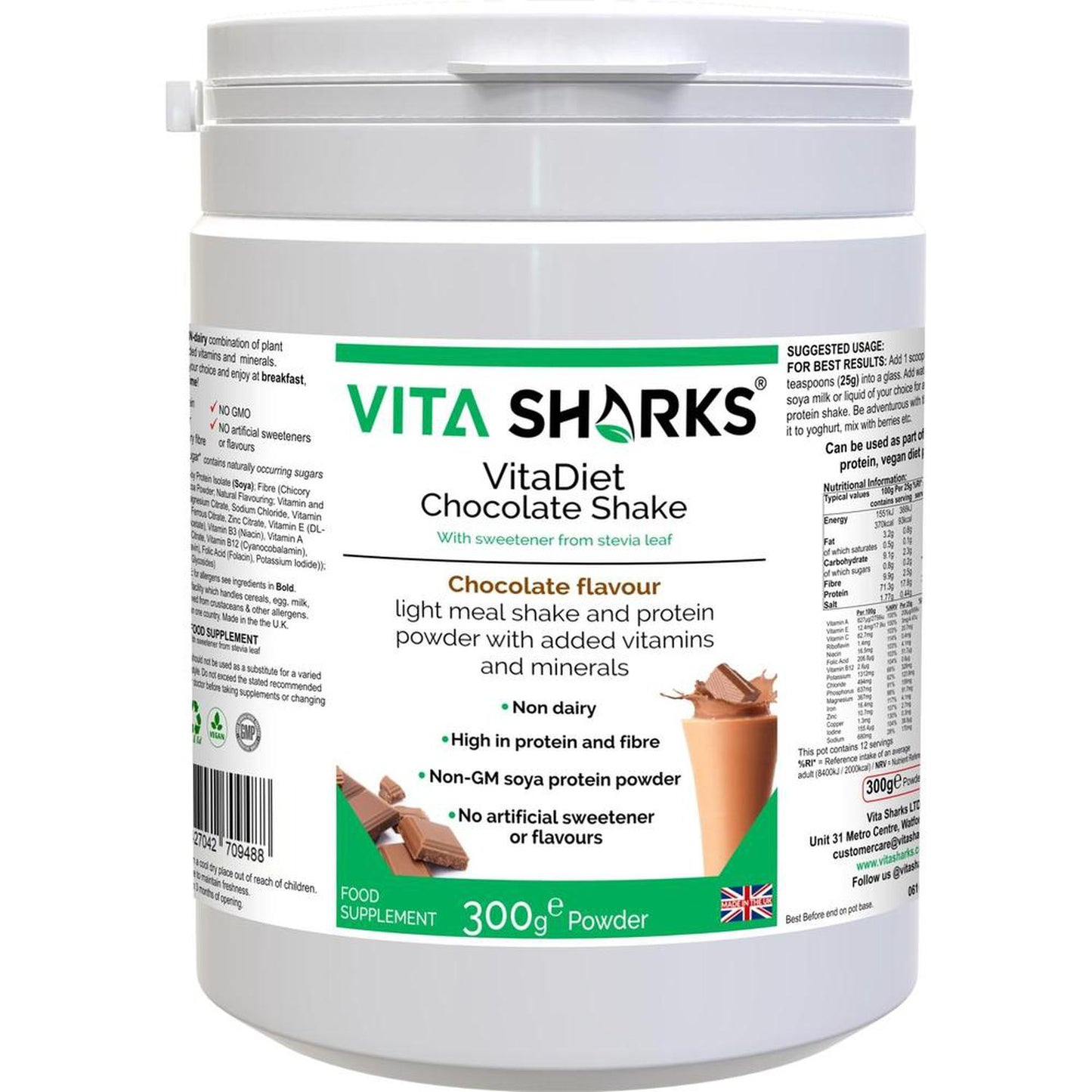 VitaDiet Chocolate Shake | Dairy-Free, Vegan, Non-GMO Soy Isolate Meal Replacement Shake - A dairy-free, gluten-free & vegan meal shake & non-GM soya isolate protein powder that has been fortified with vitamins and minerals. High in protein, low in saturated fat & with no artificial sweeteners, this chocolate flavoured daily shake is also high in dietary fibre. A tasty, guilt-free dessert - just 93 calories per serving! Also available in Vanilla Flavour. Buy Now at Sacred Remedy