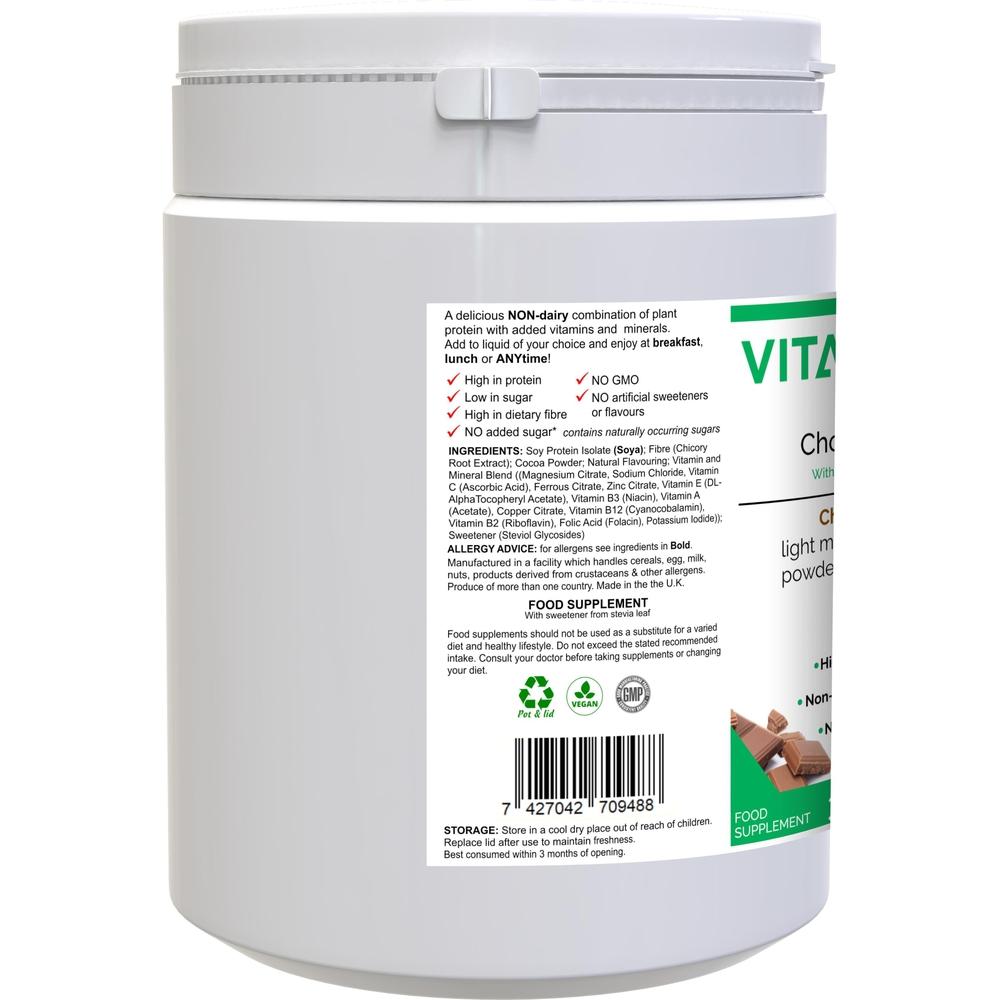 Buy VitaDiet Chocolate Shake | Dairy-Free, Vegan, Non-GMO Soy Isolate Meal Replacement Shake - A dairy-free, gluten-free & vegan meal shake & non-GM soya isolate protein powder that has been fortified with vitamins and minerals. High in protein, low in saturated fat & with no artificial sweeteners, this chocolate flavoured daily shake is also high in dietary fibre. A tasty, guilt-free dessert - just 93 calories per serving! Also available in Vanilla Flavour. at Sacred Remedy Online