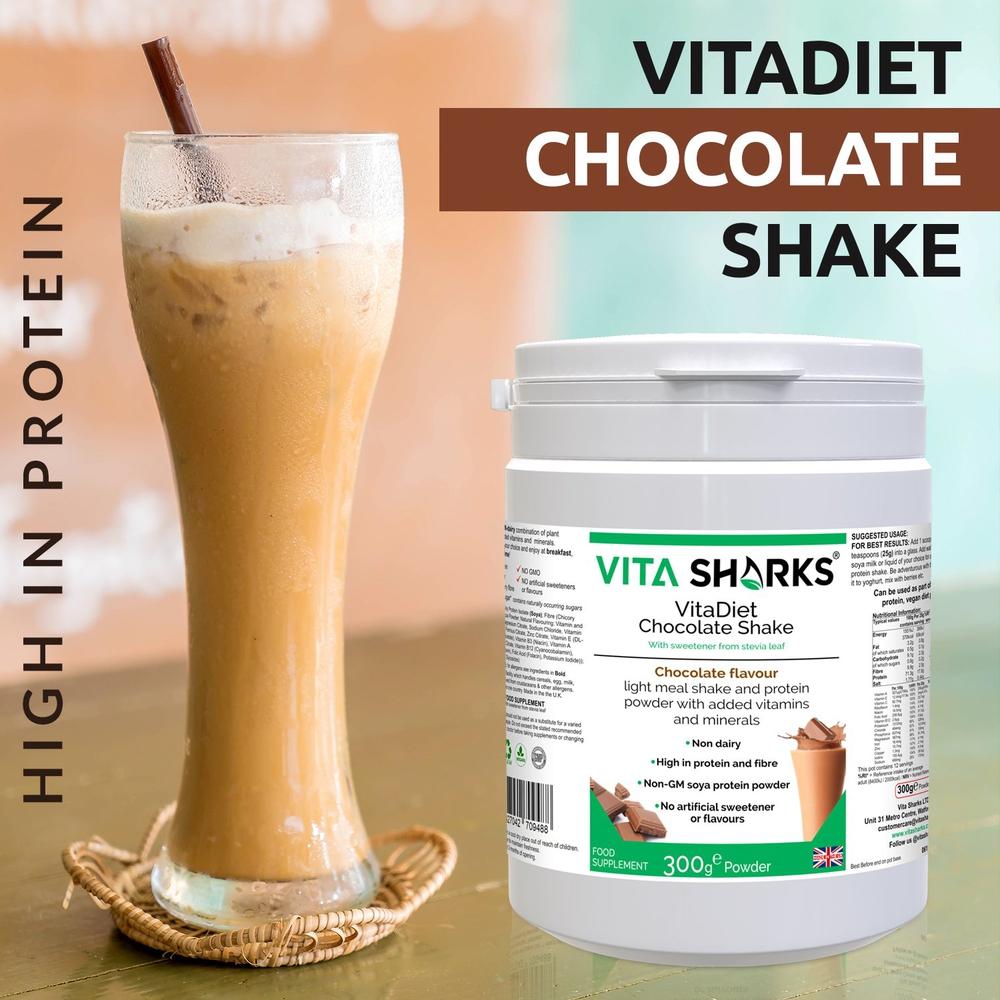 Buy VitaDiet Chocolate Shake | Dairy-Free, Vegan, Non-GMO Soy Isolate Meal Replacement Shake - A dairy-free, gluten-free & vegan meal shake & non-GM soya isolate protein powder that has been fortified with vitamins and minerals. High in protein, low in saturated fat & with no artificial sweeteners, this chocolate flavoured daily shake is also high in dietary fibre. A tasty, guilt-free dessert - just 93 calories per serving! Also available in Vanilla Flavour. at Sacred Remedy Online