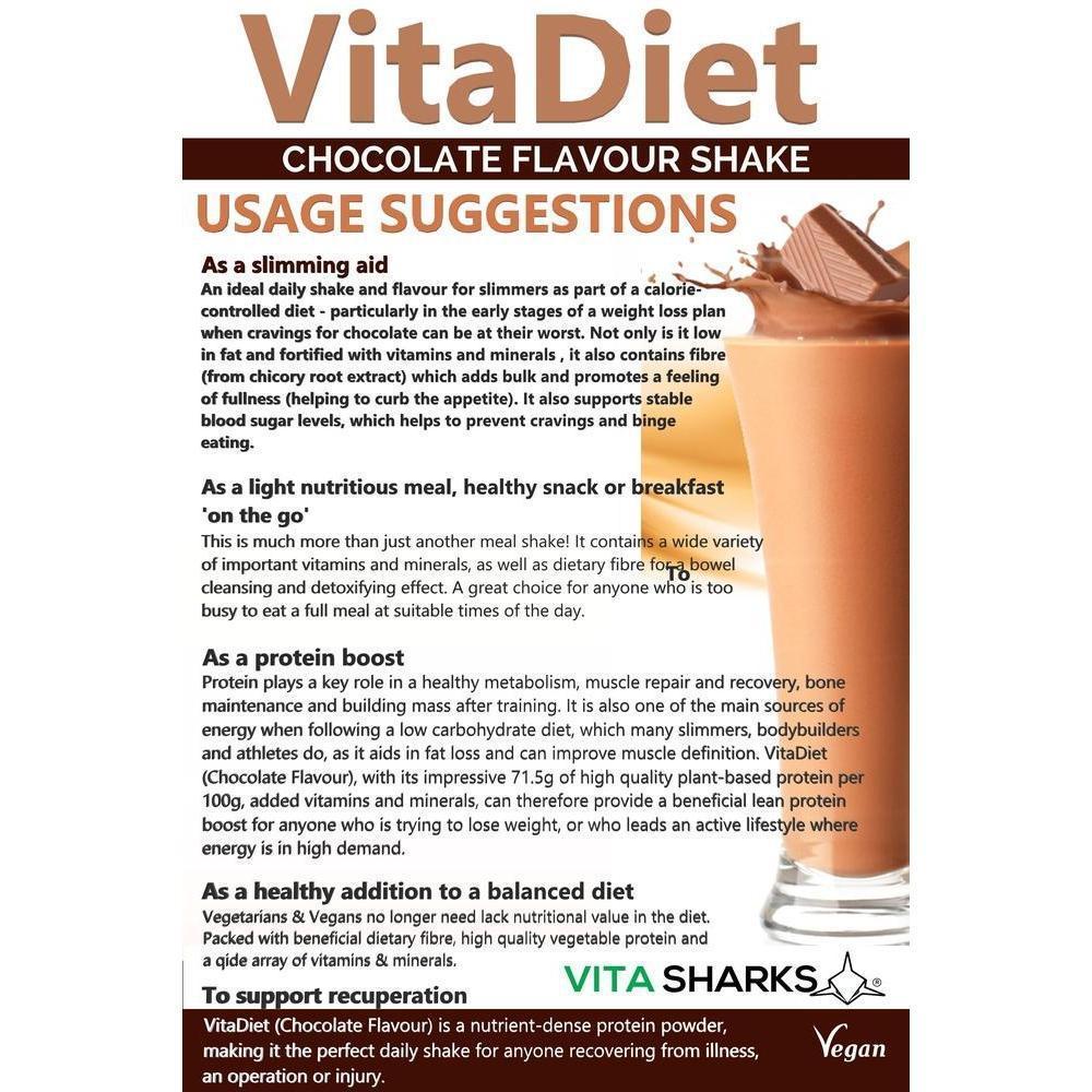 Buy VitaDiet Chocolate Shake | Dairy-Free, Vegan, Non-GMO Soy Isolate Meal Replacement Shake - A dairy-free, gluten-free & vegan meal shake & non-GM soya isolate protein powder that has been fortified with vitamins and minerals. High in protein, low in saturated fat & with no artificial sweeteners, this chocolate flavoured daily shake is also high in dietary fibre. A tasty, guilt-free dessert - just 93 calories per serving! Also available in Vanilla Flavour. at Sacred Remedy Online