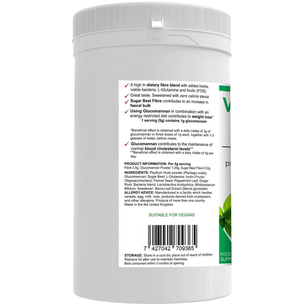 Buy VitaDiet Fibre | High Dietary Fibre Based Colon Cleanser. Bulk & Weight Loss Blend - An all-in-one dietary fibre based colon cleanser, detoxification & weight loss health supplement with a special combination of psyllium husks, glucommanan, sugar beet fibre, L-Glutamine, prebiotics, probiotics, gut-soothing herbs and stevia leaf extract. Ideal for long-term use as a bowel cleanser and detoxifier. at Sacred Remedy Online