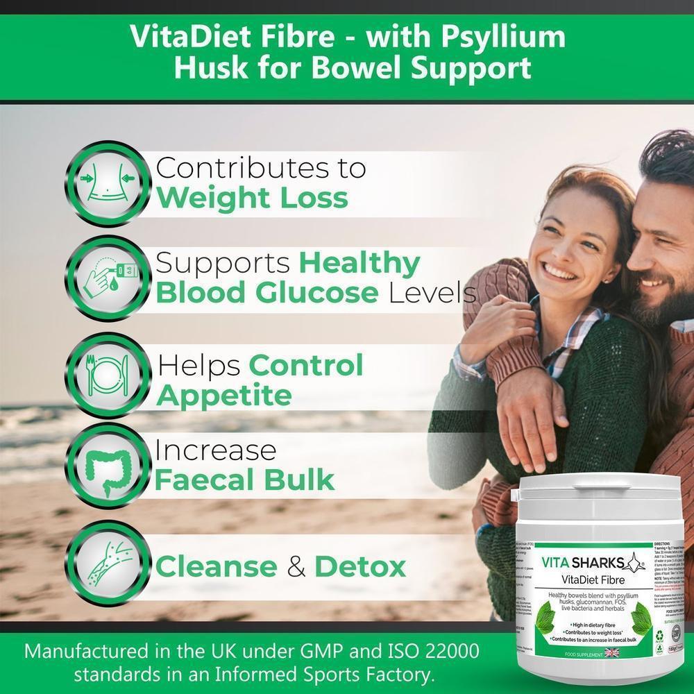 Buy VitaDiet Fibre | High Dietary Fibre Based Colon Cleanser. Bulk & Weight Loss Blend - An all-in-one dietary fibre based colon cleanser, detoxification & weight loss health supplement with a special combination of psyllium husks, glucommanan, sugar beet fibre, L-Glutamine, prebiotics, probiotics, gut-soothing herbs and stevia leaf extract. Ideal for long-term use as a bowel cleanser and detoxifier. at Sacred Remedy Online