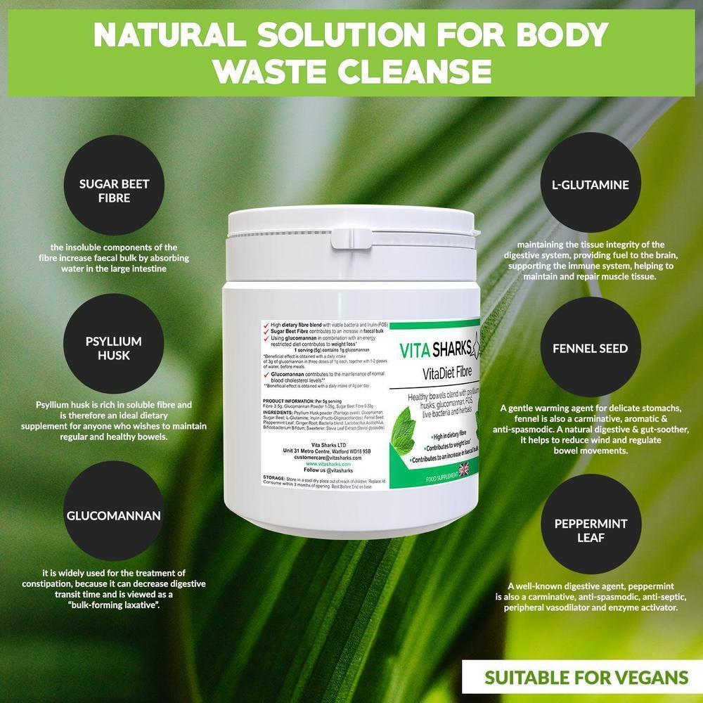 Buy VitaDiet Fibre | High Dietary Fibre Based Colon Cleanser. Bulk & Weight Loss Blend - An all-in-one dietary fibre based colon cleanser, detoxification & weight loss health supplement with a special combination of psyllium husks, glucommanan, sugar beet fibre, L-Glutamine, prebiotics, probiotics, gut-soothing herbs and stevia leaf extract. Ideal for long-term use as a bowel cleanser and detoxifier. at Sacred Remedy Online