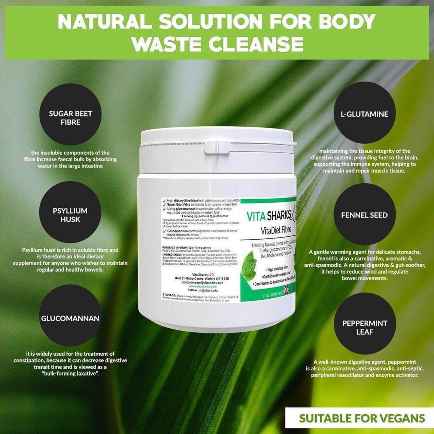 VitaDiet Fibre | High Dietary Fibre Based Colon Cleanser. Bulk & Weight Loss Blend - An all-in-one dietary fibre based colon cleanser, detoxification & weight loss health supplement with a special combination of psyllium husks, glucommanan, sugar beet fibre, L-Glutamine, prebiotics, probiotics, gut-soothing herbs and stevia leaf extract. Ideal for long-term use as a bowel cleanser and detoxifier. Buy Now at Sacred Remedy