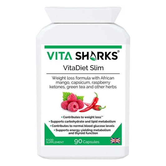 VitaDiet Slim | Thermogenic Metaboliser & Fat Burner to Support Effective Weight Loss - A thermogenic fat metaboliser & herbal weight management health supplement, supporting the body's natural fat burning processes, along with the feeling of fullness, energy levels, thyroid function, carbohydrate, lipid and fatty acid metabolism, stable blood sugar levels & other vital aspects of effective weight loss. Buy Now at Sacred Remedy