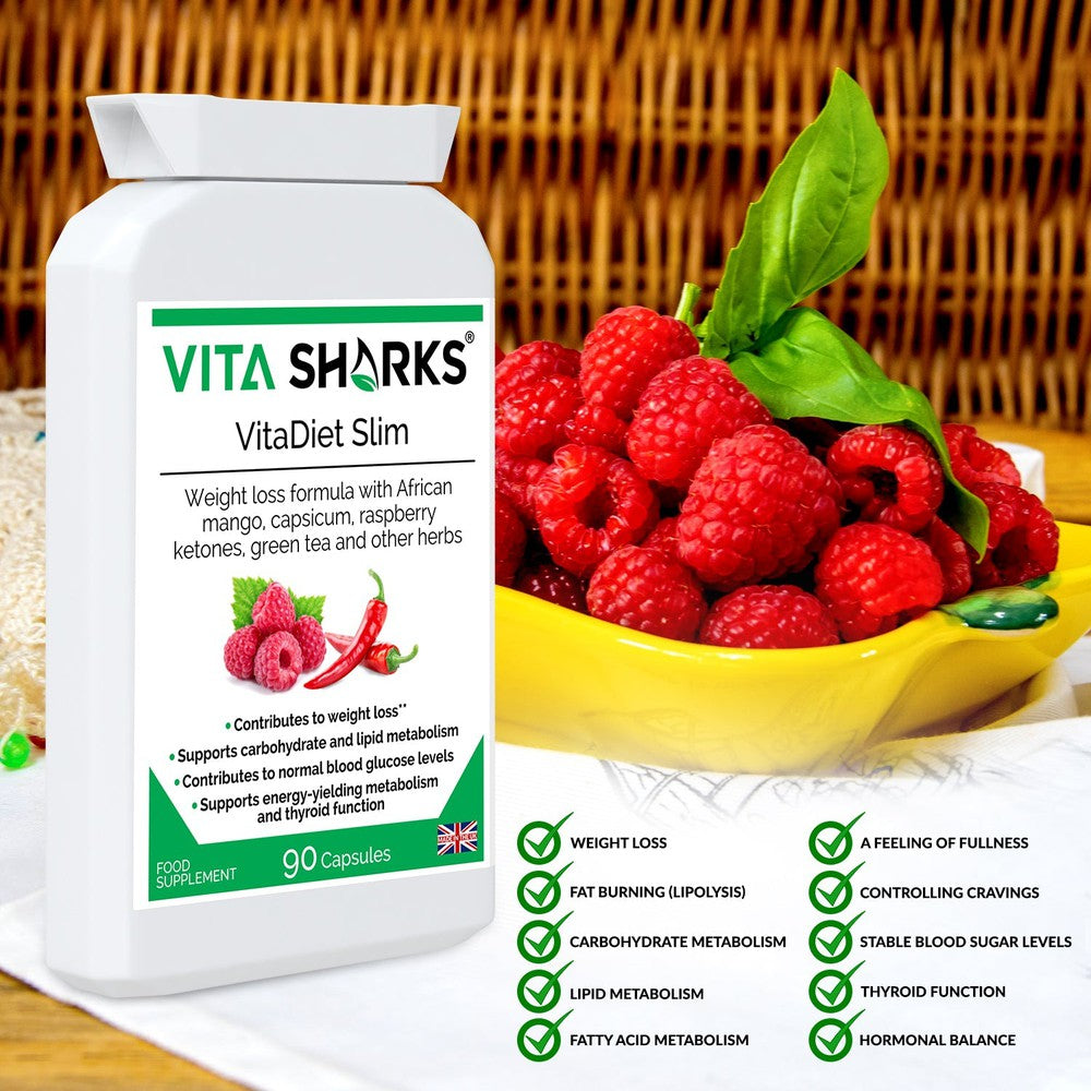 Buy VitaDiet Slim | Thermogenic Metaboliser & Fat Burner to Support Effective Weight Loss - A thermogenic fat metaboliser & herbal weight management health supplement, supporting the body's natural fat burning processes, along with the feeling of fullness, energy levels, thyroid function, carbohydrate, lipid and fatty acid metabolism, stable blood sugar levels & other vital aspects of effective weight loss. at Sacred Remedy Online