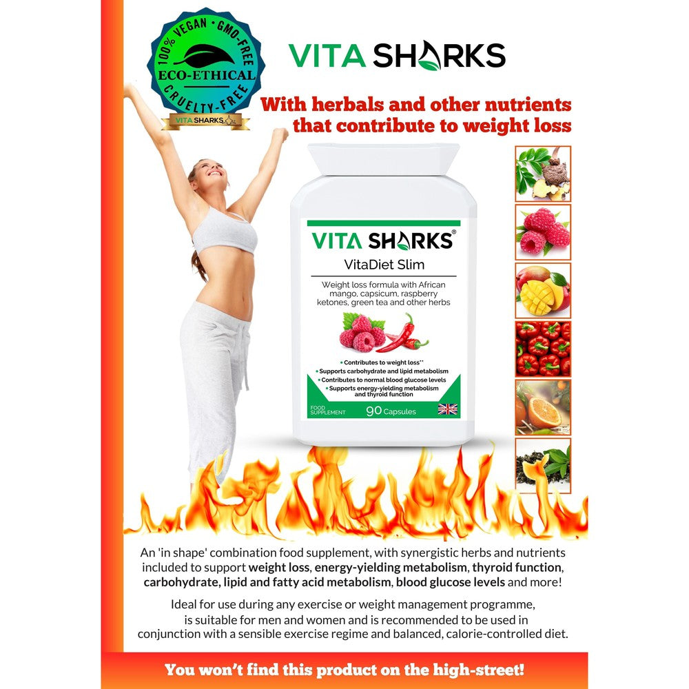 Buy VitaDiet Slim | Thermogenic Metaboliser & Fat Burner to Support Effective Weight Loss - A thermogenic fat metaboliser & herbal weight management health supplement, supporting the body's natural fat burning processes, along with the feeling of fullness, energy levels, thyroid function, carbohydrate, lipid and fatty acid metabolism, stable blood sugar levels & other vital aspects of effective weight loss. at Sacred Remedy Online