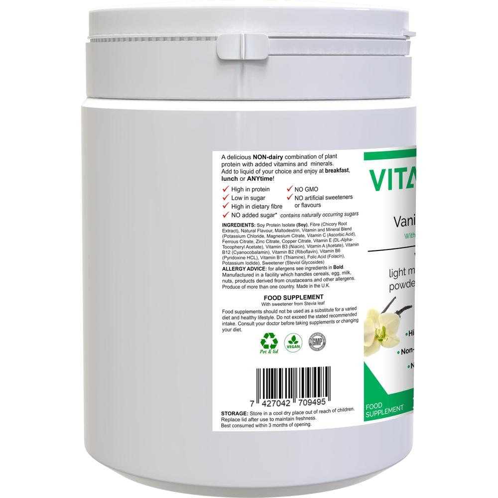 Buy VitaDiet Vanilla | Non-GM Soy Isolate Meal Replacement Shake Immune Health Supplement - Tasty filling meal shake or guilt-free dessert at just 87 calories per serving! Ideal daily shake for slimmers as part of a calorie-controlled diet. Low in fat & fortified with vitamins minerals, also containing fibre adding bulk and promoting a feeling of fullness (helping to curb the appetite). at Sacred Remedy Online