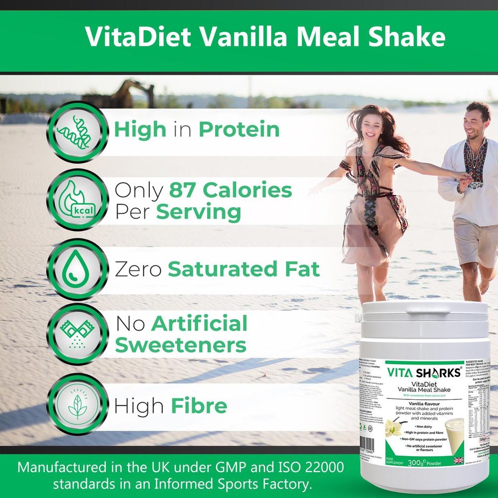 Buy VitaDiet Vanilla | Non-GM Soy Isolate Meal Replacement Shake Immune Health Supplement - Tasty filling meal shake or guilt-free dessert at just 87 calories per serving! Ideal daily shake for slimmers as part of a calorie-controlled diet. Low in fat & fortified with vitamins minerals, also containing fibre adding bulk and promoting a feeling of fullness (helping to curb the appetite). at Sacred Remedy Online