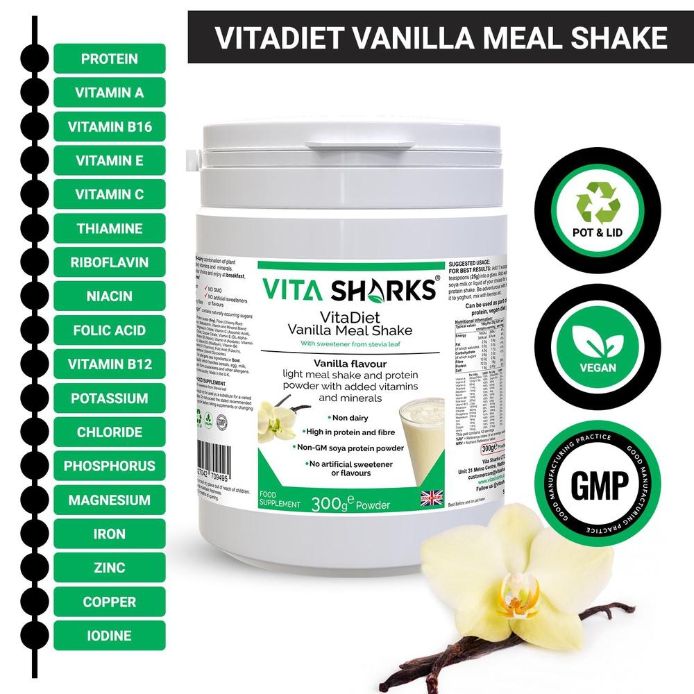 Buy VitaDiet Vanilla | Non-GM Soy Isolate Meal Replacement Shake Immune Health Supplement - Tasty filling meal shake or guilt-free dessert at just 87 calories per serving! Ideal daily shake for slimmers as part of a calorie-controlled diet. Low in fat & fortified with vitamins minerals, also containing fibre adding bulk and promoting a feeling of fullness (helping to curb the appetite). at Sacred Remedy Online