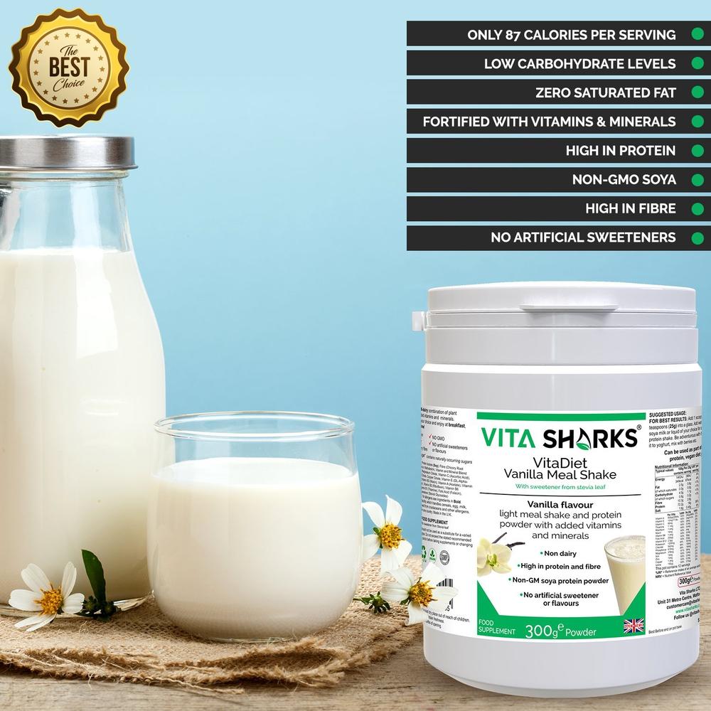 Buy VitaDiet Vanilla | Non-GM Soy Isolate Meal Replacement Shake Immune Health Supplement - Tasty filling meal shake or guilt-free dessert at just 87 calories per serving! Ideal daily shake for slimmers as part of a calorie-controlled diet. Low in fat & fortified with vitamins minerals, also containing fibre adding bulk and promoting a feeling of fullness (helping to curb the appetite). at Sacred Remedy Online